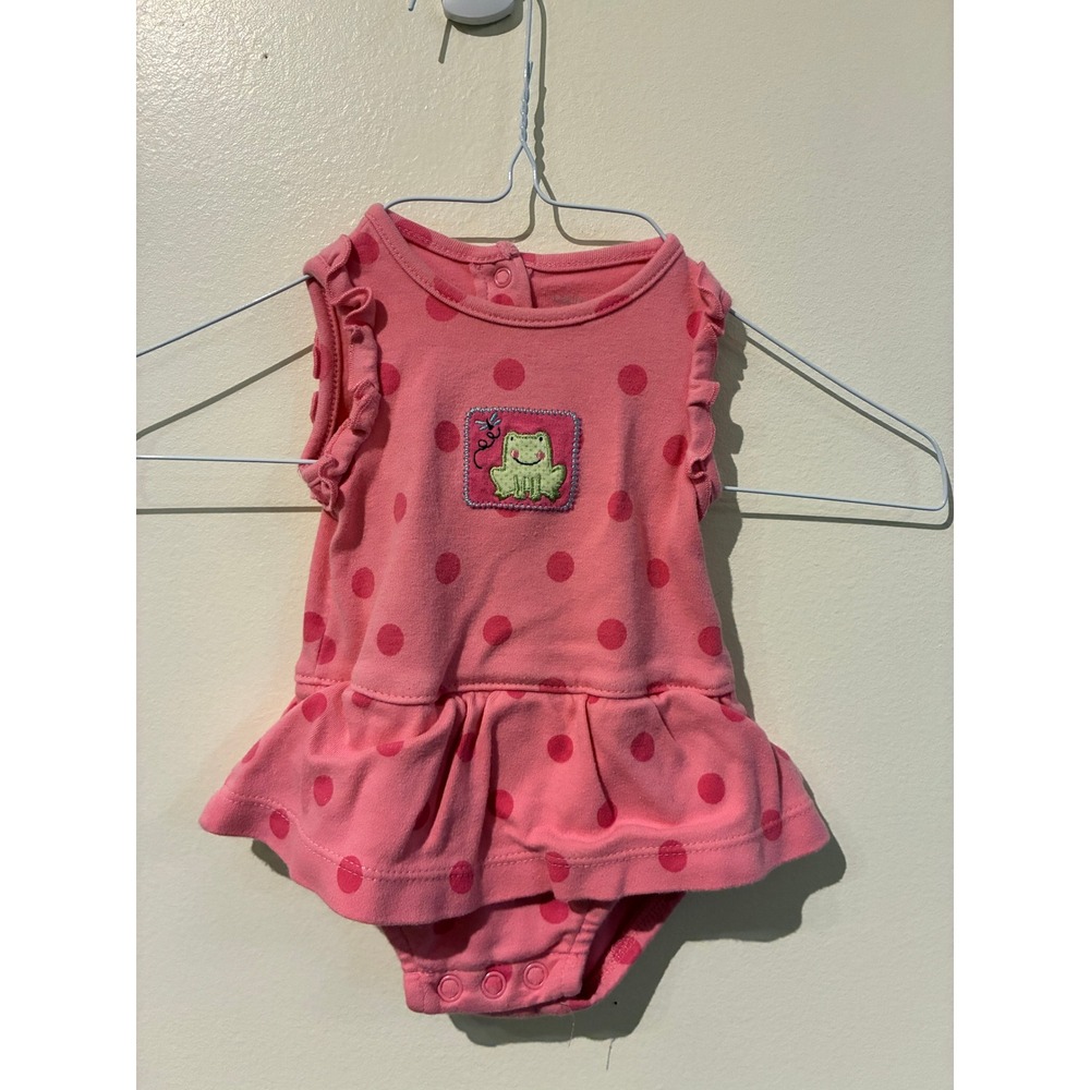 Carter's 2000s Pink Polka Dot Frog Patch Ruffle Sleeve Bodysuit Dress NB Newborn